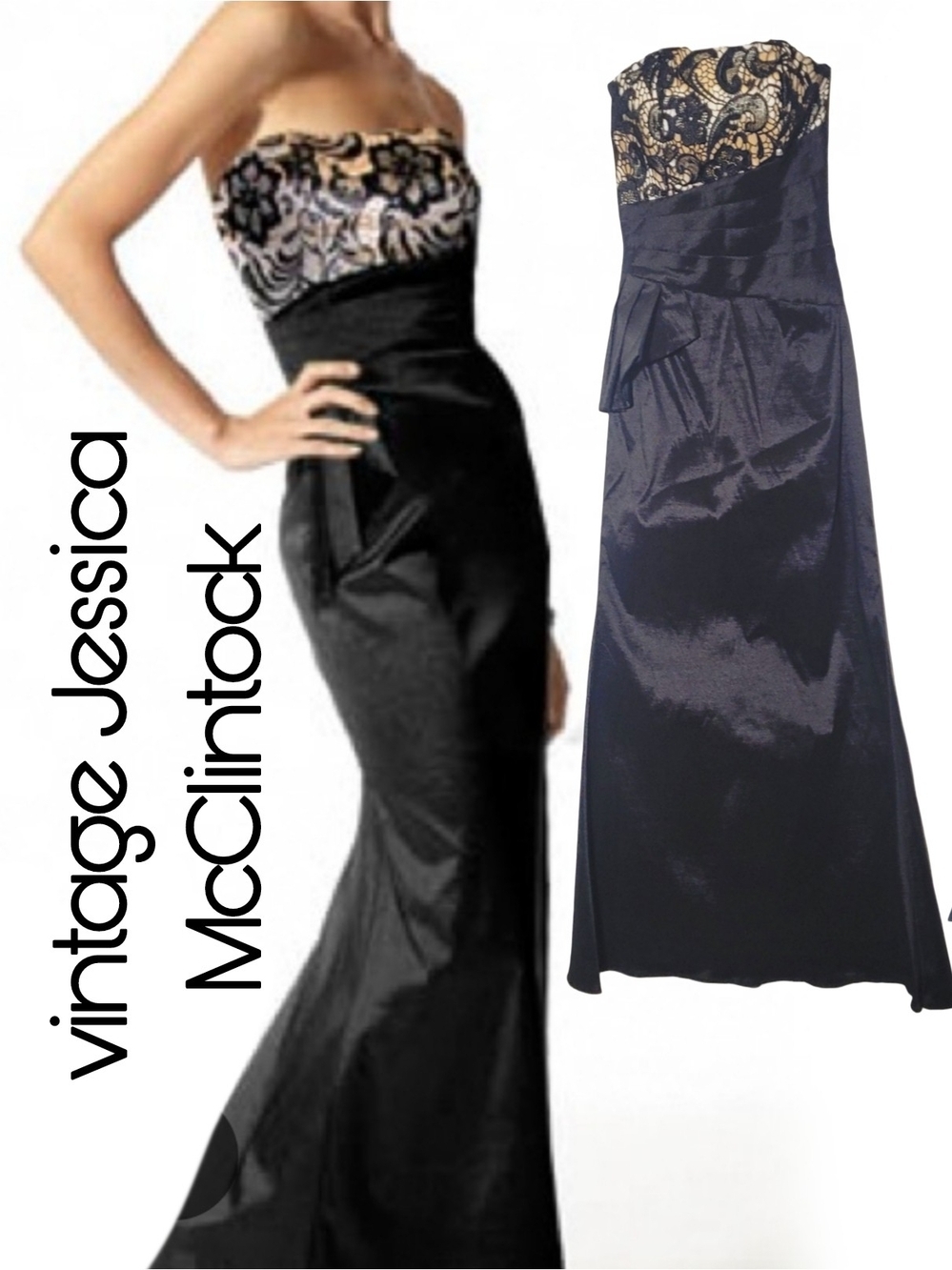 Vintage 90s Jessica McClintock  Strapless Lace Bodice Maxi Evening Gown